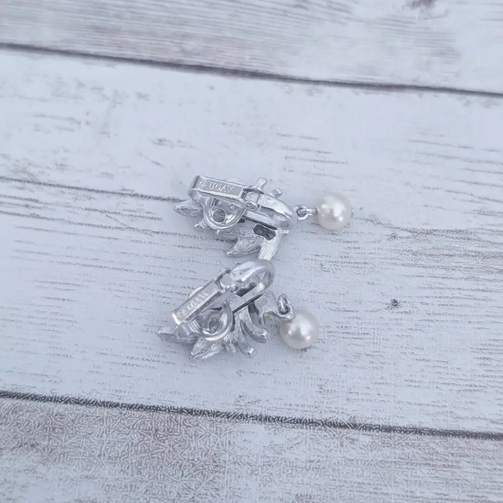 Vintage Avon Clip On Earrings Silver Tone with Faux Pearl Dangle